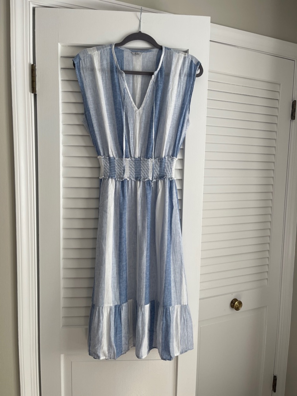 Rails Blue and White Striped Smocked-Waist Midi Dress